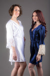 Dark Blue Satin Robe with Ivory Lace Accented Cuffs