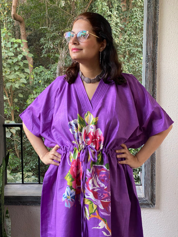 One Long Flower V-Neck, Knee Length, Cinched Waist Caftan