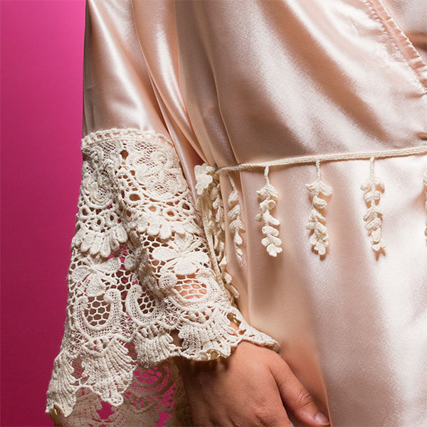 Light Peach/Apricot Satin Robe with Lace Accented Cuff