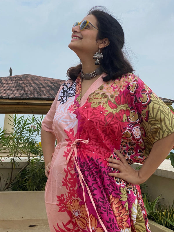 Vibrant Foliage V-Neck, Cinched Waist Ankle Length Kaftan