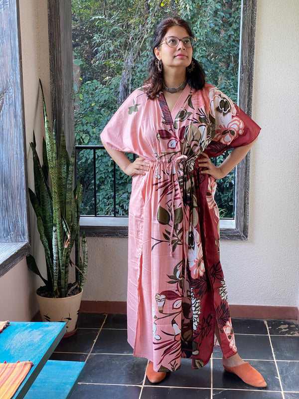 Jungle of Flowers V-Neck, Cinched Waist Ankle Length Kaftan