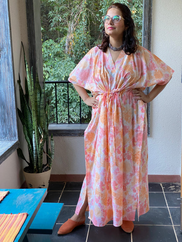 Ombre Fading Leaves V-Neck, Cinched Waist Ankle Length Caftan