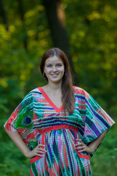 Coral Breezy Bohemian Style Caftan in Peacock Plumage Pattern