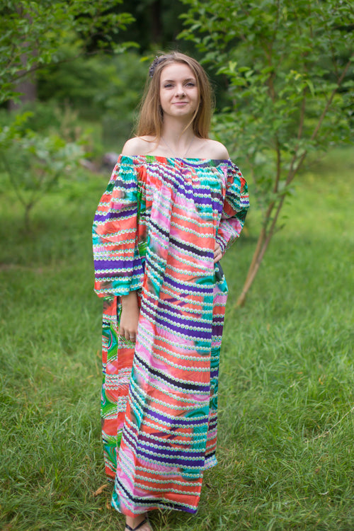 Coral Serene Strapless Style Caftan in Peacock Plumage Pattern