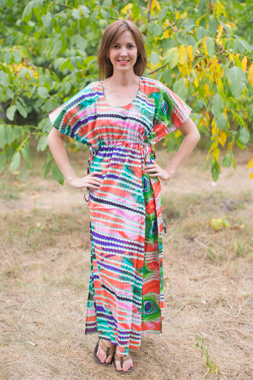 Coral Side Strings Sweet Style Caftan in Peacock Plumage Pattern