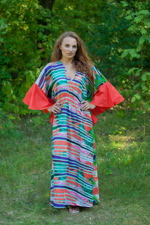 Coral Ballerina Style Caftan in Peacock Plumage
