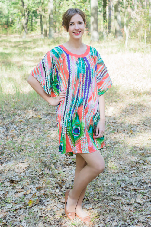 Coral Summer Celebration Style Caftan in Peacock Plumage Pattern