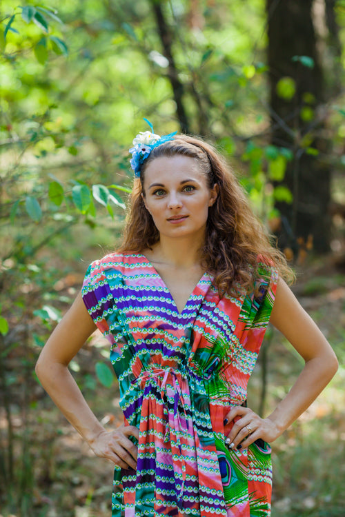 Coral Magic Sleeves Style Caftan in Peacock Plumage Pattern