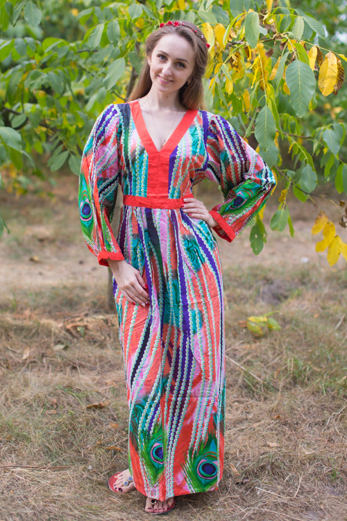 Coral My Peasant Dress Style Caftan in Peacock Plumage Pattern