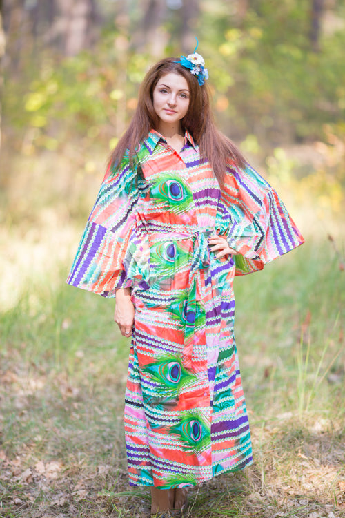 Coral Oriental Delight Style Caftan in Peacock Plumage Pattern