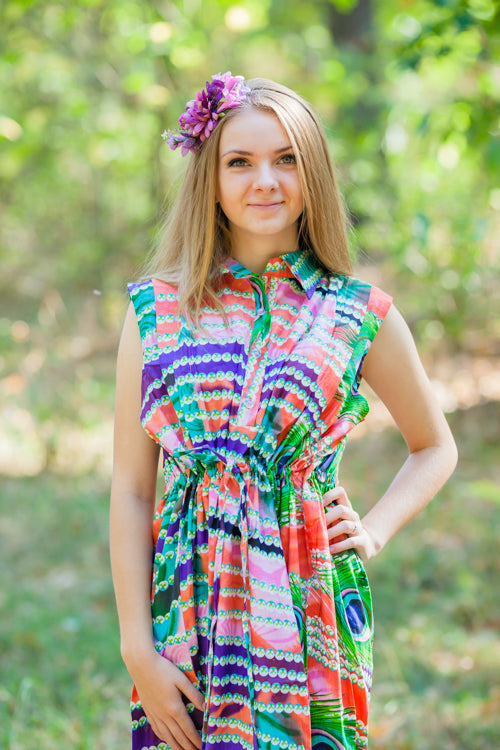 Coral Cool Summer Style Caftan in Peacock Plumage Pattern