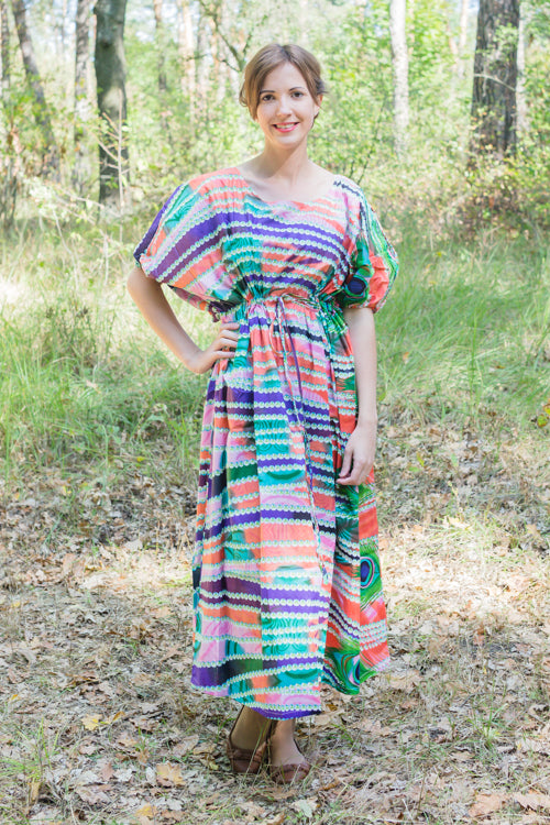 Coral Cut Out Cute Style Caftan in Peacock Plumage Pattern