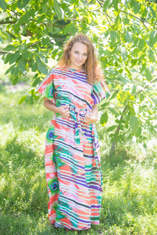 Coral Divinely Simple Style Caftan in Peacock Plumage Pattern