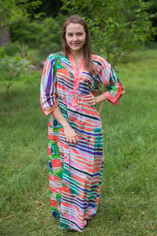 Coral Simply Elegant Style Caftan in Peacock Plumage Pattern