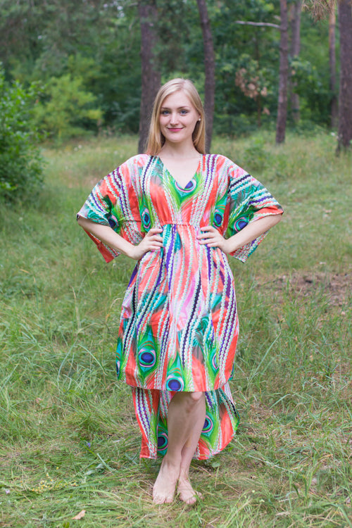 Coral High Low Wind Flow Style Caftan in Peacock Plumage Pattern