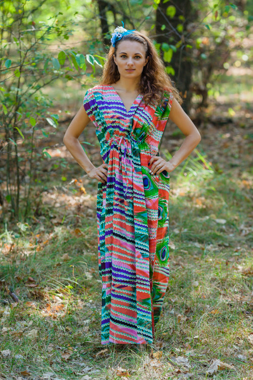 Coral Magic Sleeves Style Caftan in Peacock Plumage Pattern