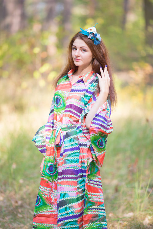 Coral Oriental Delight Style Caftan in Peacock Plumage Pattern