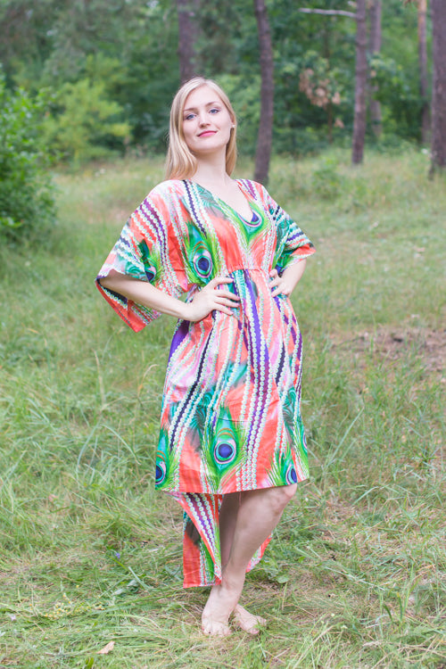 Coral High Low Wind Flow Style Caftan in Peacock Plumage Pattern