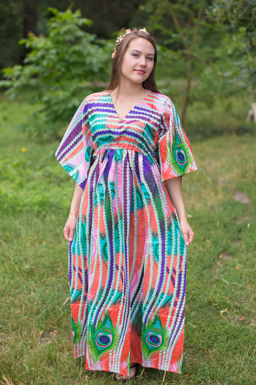 Coral I Wanna Fly Style Caftan in Peacock Plumage Pattern