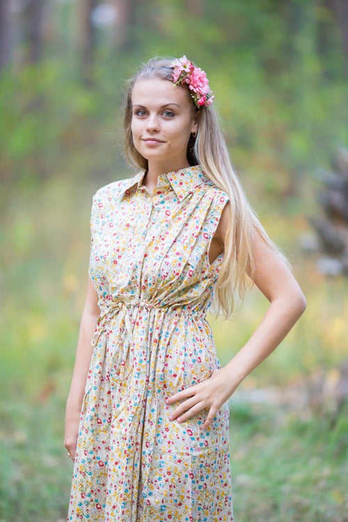 Light Yellow Cool Summer Style Caftan in Petit Florals Pattern