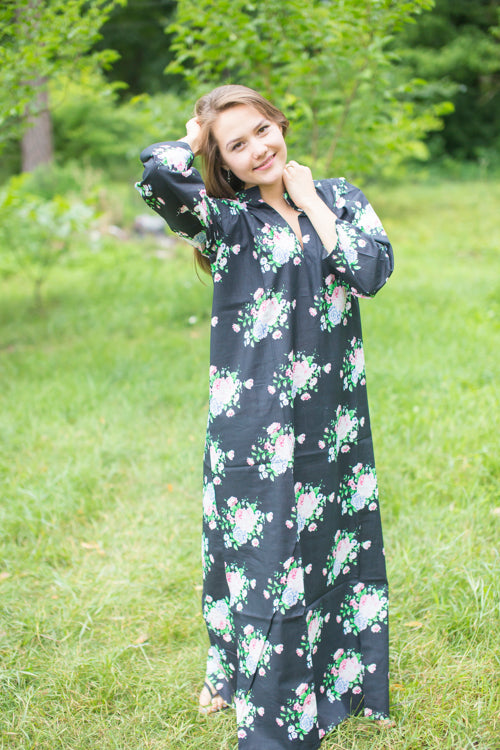 Black Mandarin On My Mind Style Caftan in Pink Peonies Pattern