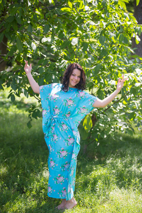 Blue Divinely Simple Style Caftan in Pink Peonies Pattern