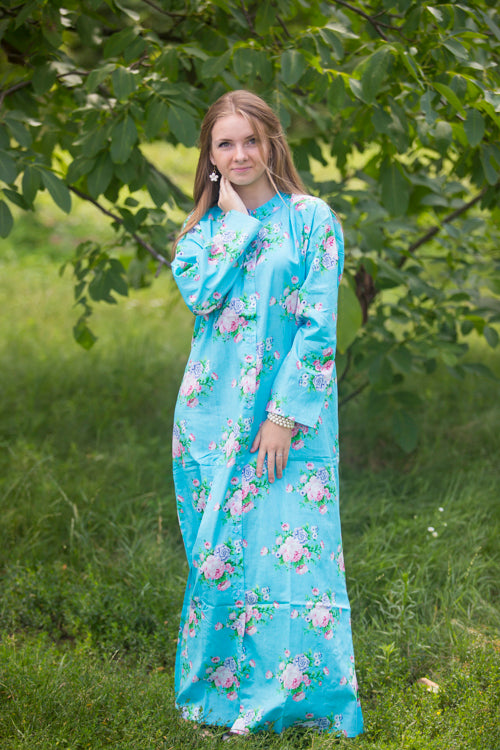 Blue Charming Collars Style Caftan in Pink Peonies Pattern