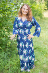 Dark Blue Button Me Down Style Caftan in Pink Peonies Pattern