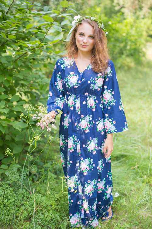 Dark Blue Button Me Down Style Caftan in Pink Peonies Pattern