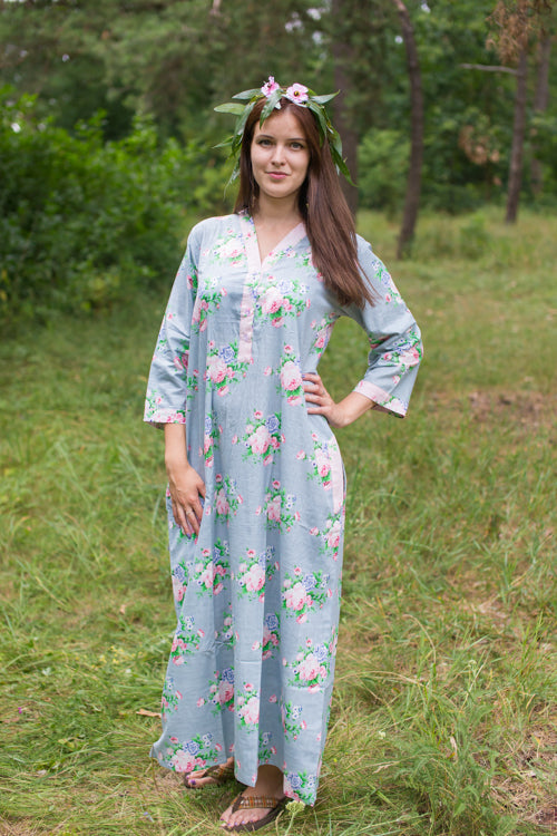Gray Simply Elegant Style Caftan in Pink Peonies Pattern
