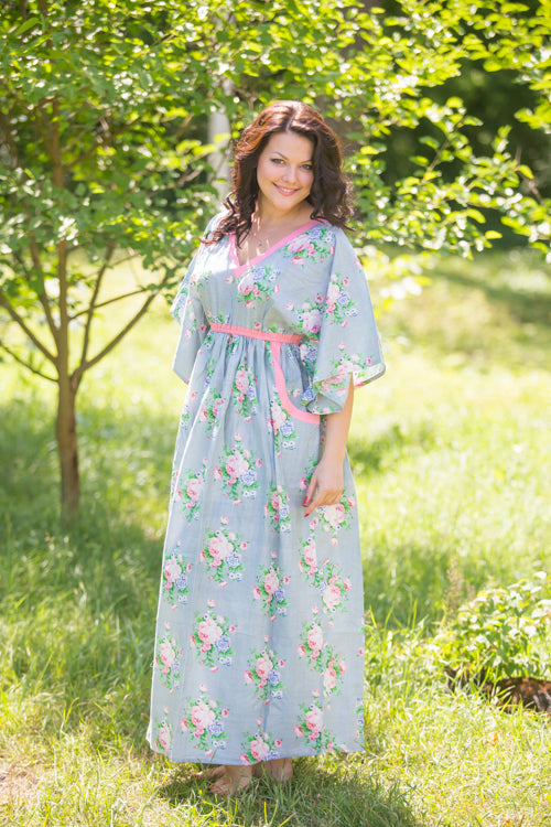 Gray Breezy Bohemian Style Caftan in Pink Peonies Pattern
