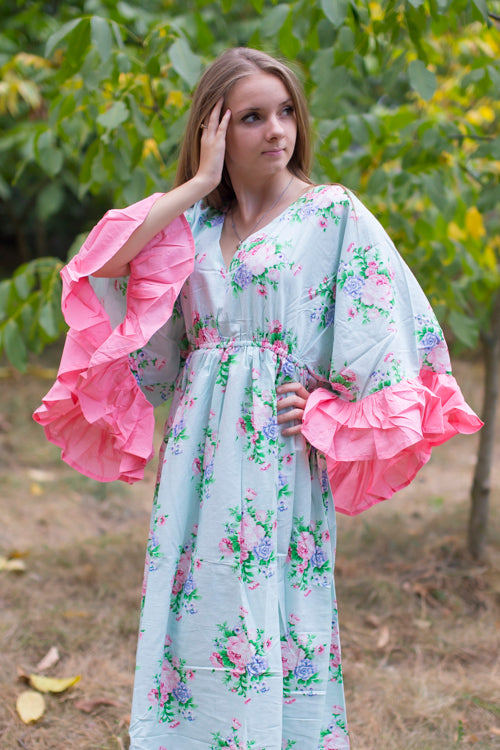 Light Blue Frill Lovers Style Caftan in Pink Peonies Pattern