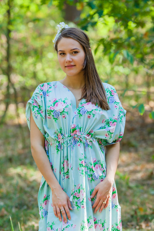 Light Blue Magic Sleeves Style Caftan in Pink Peonies Pattern