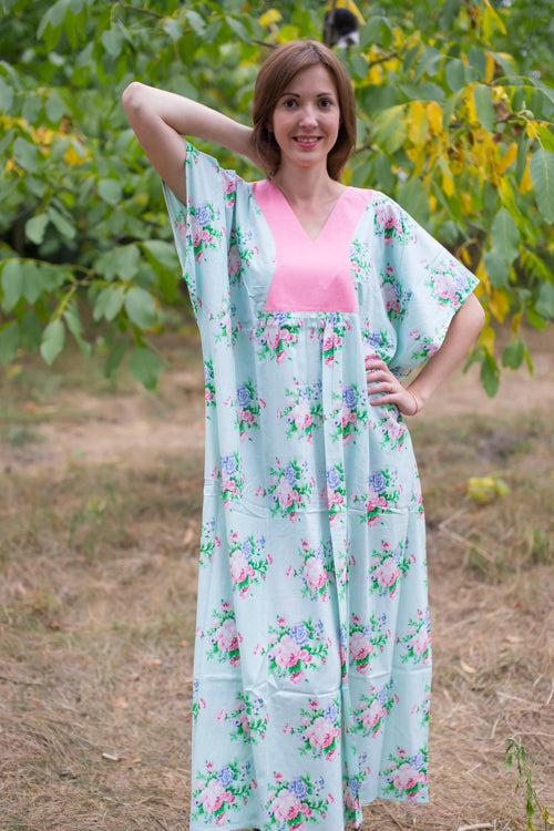 Light Blue Flowing River Style Caftan in Pink Peonies Pattern