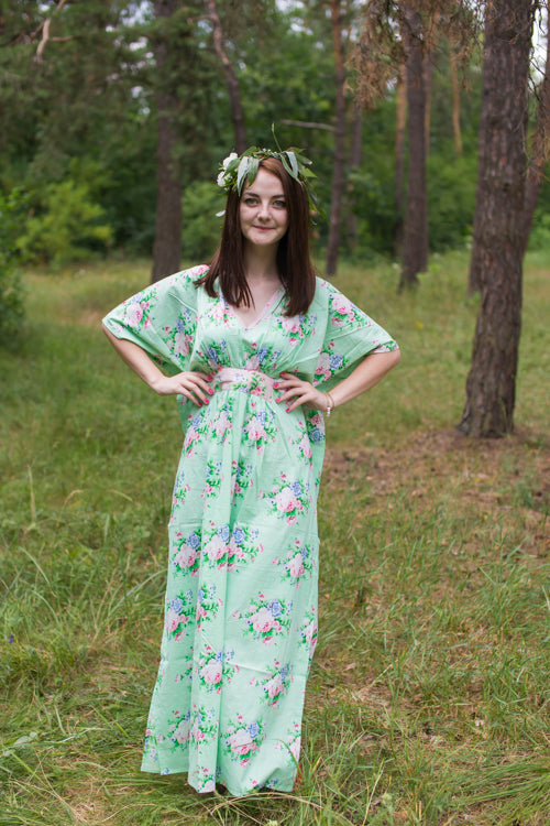 Mint Unfurl Style Caftan in Pink Peonies Pattern