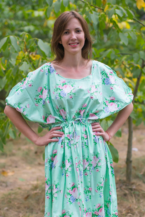 Mint Cut Out Cute Style Caftan in Pink Peonies Pattern