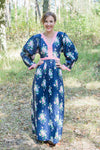 Navy Blue My Peasant Dress Style Caftan in Pink Peonies Pattern