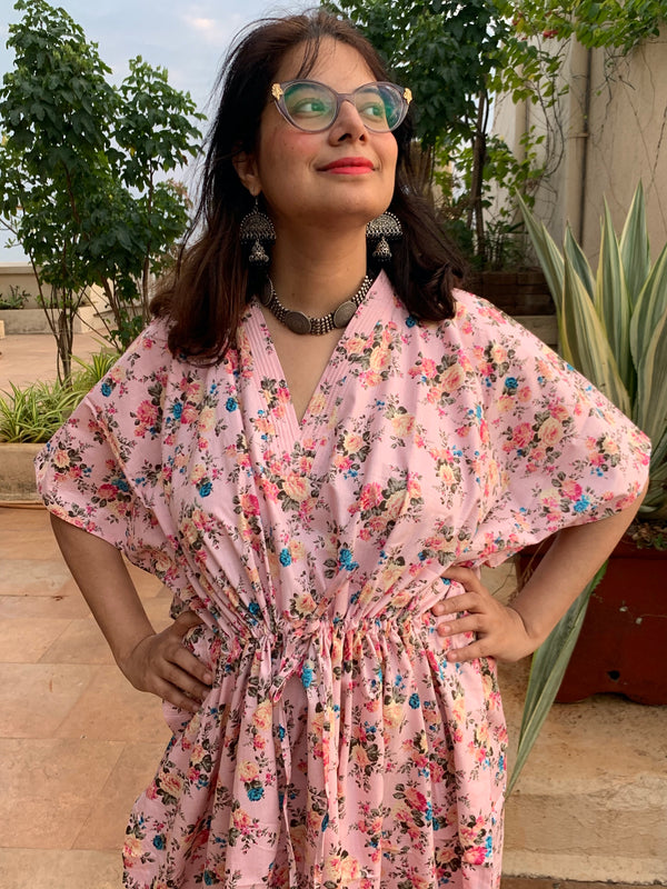 Vintage Floral Chic V-Neck, Cinched Waist Ankle Length Kaftan