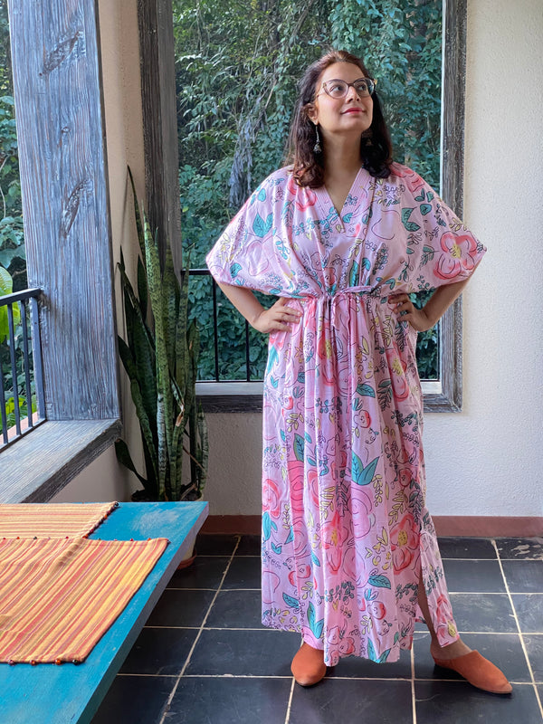 Whimsical Giggles V-Neck, Cinched Waist Ankle Length Caftan