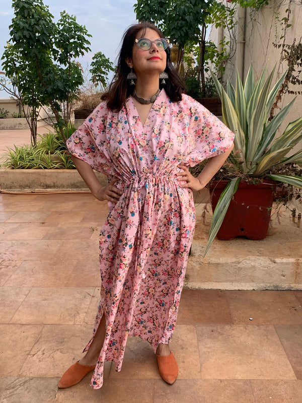 Vintage Floral Chic V-Neck, Cinched Waist Ankle Length Kaftan