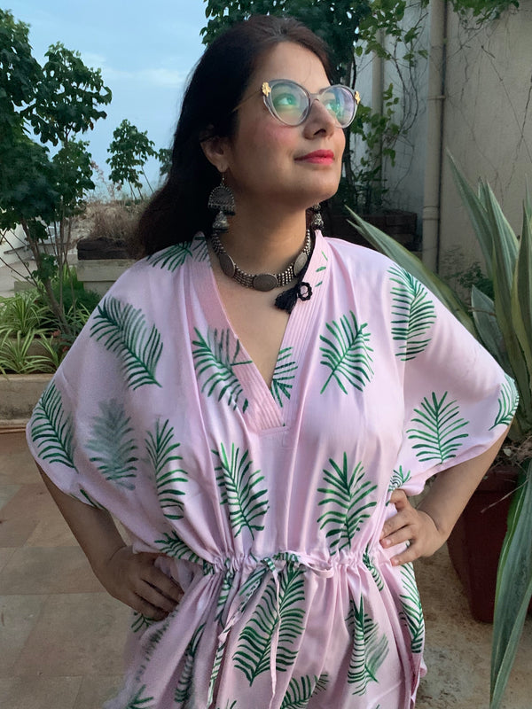 Tropical Delight V-Neck, Cinched Waist Ankle Length Caftan