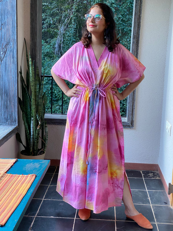 Watercolor Splash V-Neck, Cinched Waist Ankle Length Caftan