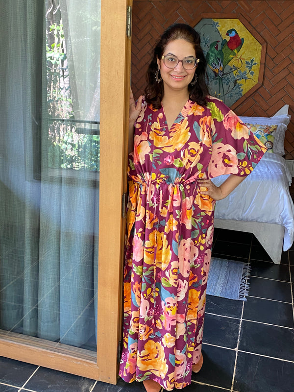 Her Petal Garden V-Neck, Cinched Waist Ankle Length Kaftan