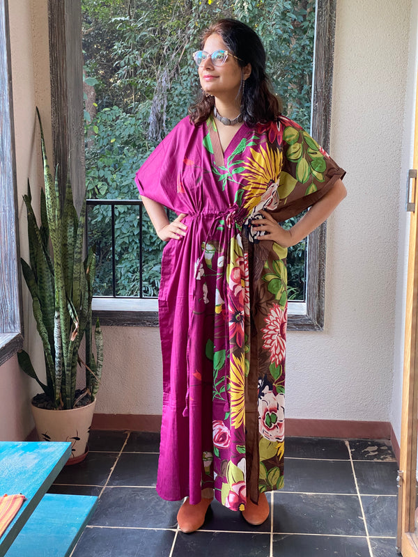 Jungle of Flowers V-Neck, Cinched Waist Ankle Length Kaftan