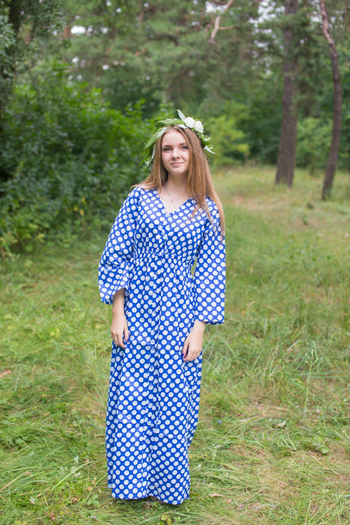 Dark Blue Button Me Down Style Caftan in Polka Dots Pattern