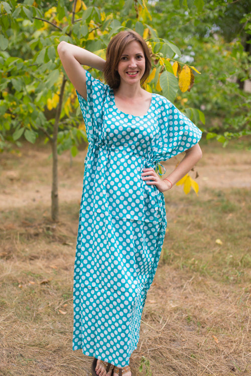 Teal Side Strings Sweet Style Caftan in Polka Dots Pattern