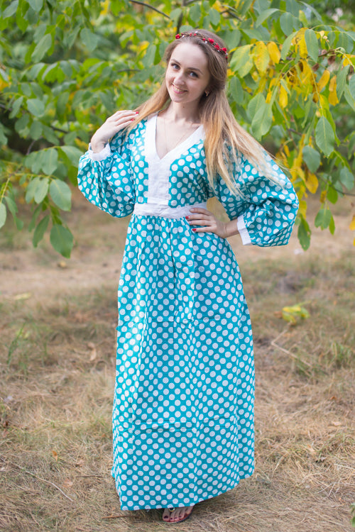 Teal My Peasant Dress Style Caftan in Polka Dots Pattern