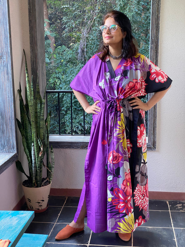 Jungle of Flowers V-Neck, Cinched Waist Ankle Length Kaftan
