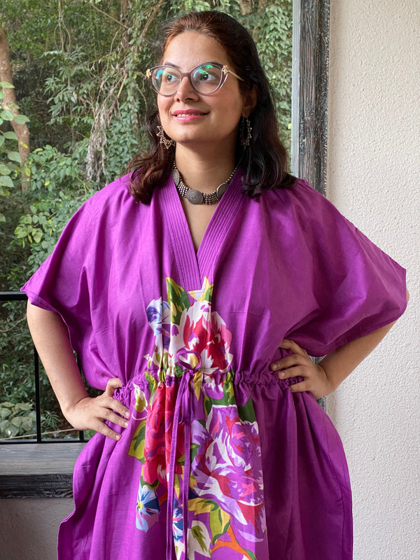 One Long Flower V-Neck, Knee Length, Cinched Waist Kaftan