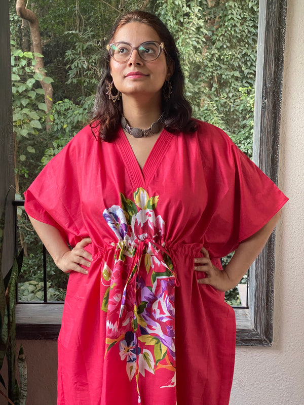 One Long Flower V-Neck, Knee Length, Cinched Waist Caftan